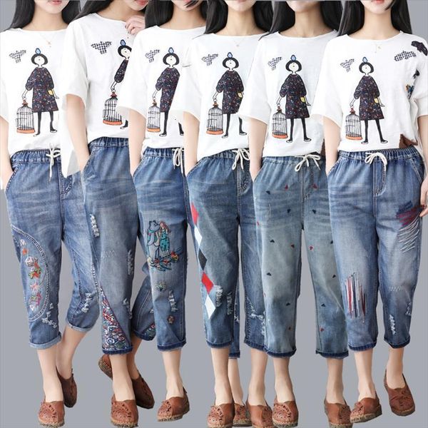 Summer Korea Fashion Jeans Women Capris Cartoon Embroidery Loose Denim Harem Elastic Waist Ripped Hole Calf Length Mujer, Black;white
Summer Korea Fashion Jeans Women Capris Cartoon Embroidery Loose Denim Harem Elastic Waist Ripped Hole Calf Length Mujer, Black;white