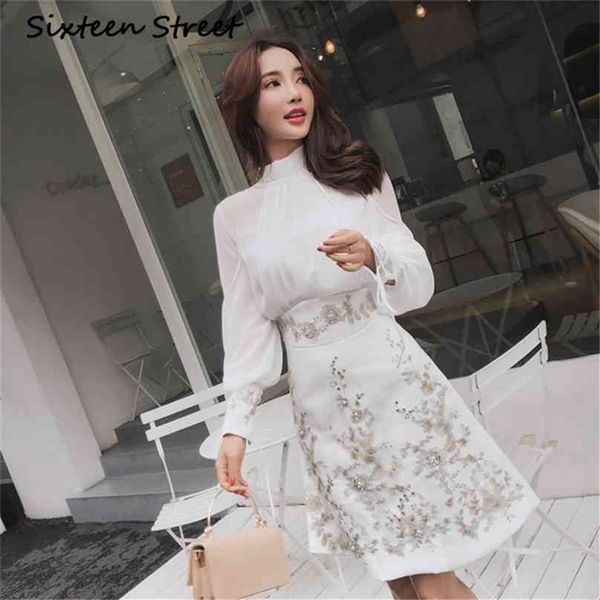 white chiffon blouse and beading embroidery skirt woman casual design two piece sets 210603
white chiffon blouse and beading embroidery skirt woman casual design two piece sets 210603