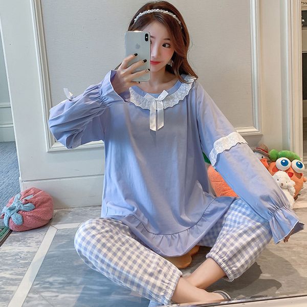 women's sleepwear long sleeve cotton pajamas set spring autumn o neck student's plaid nightwear pyjamas casual home clothes x5zb, Black;red
women's sleepwear long sleeve cotton pajamas set spring autumn o neck student's plaid nightwear pyjamas casual home clothes x5zb, Black;red