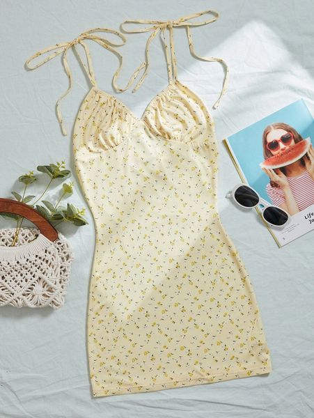 ditsy floral knot straps ruched sundress 62te#, Black;gray