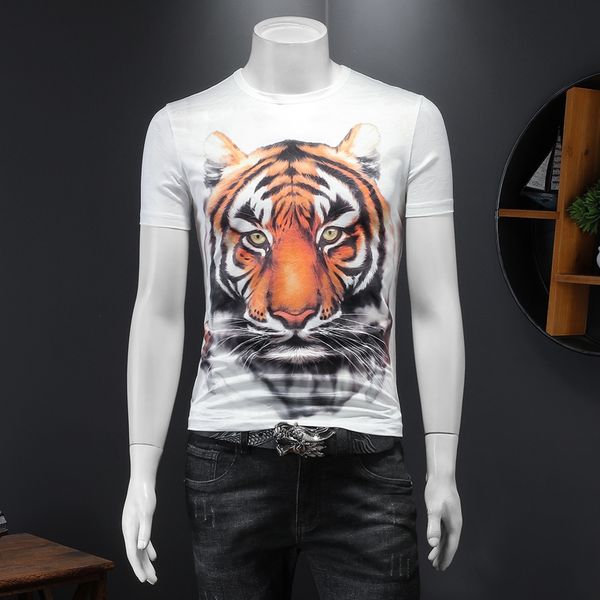 2022 summer new ice silk tiger head print short-sleeved t-shirt men's round neck cotton fashion trend slim bottoming shirt, White;black
2022 summer new ice silk tiger head print short-sleeved t-shirt men's round neck cotton fashion trend slim bottoming shirt, White;black