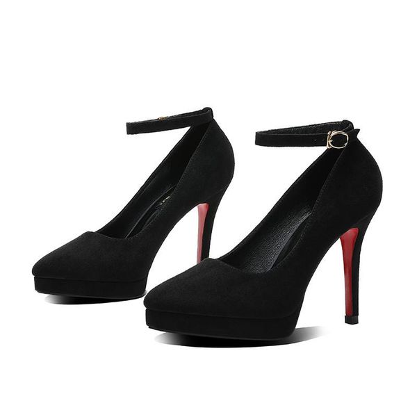 2021 pointed toe thin heel one word buckle band solid flock platform work shoes small 1, Black