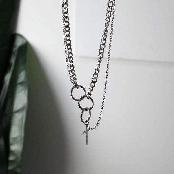 chains cross necklace men stainless steel circle pendant chain statement male accessories hip hop jewelry, Silver