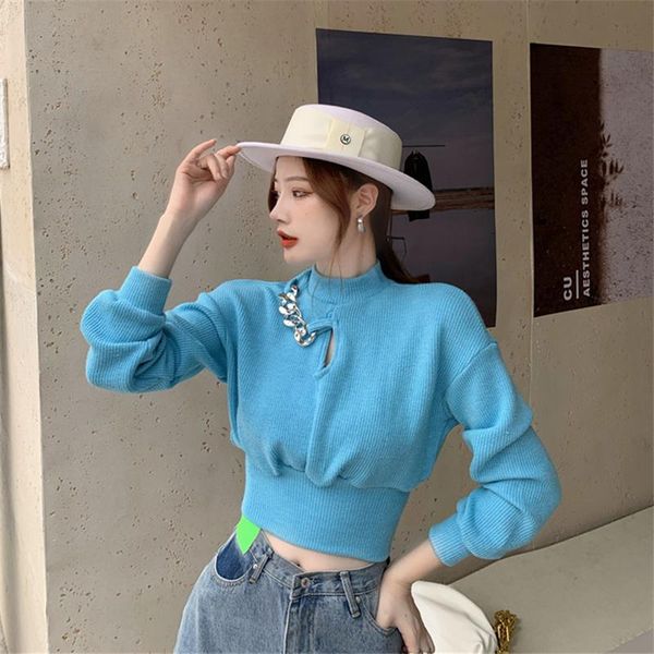 sweater women half-high collar hollow with chain short long-sleeved base knitted 2021 winter pure color cotton women's sweaters, White;black
sweater women half-high collar hollow with chain short long-sleeved base knitted 2021 winter pure color cotton women's sweaters, White;black