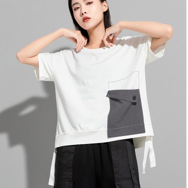 women's t-shirt hit color plaid pocket button ribbon patchwork design t shirt o neck short sleeve woman tshirts summer 2021 fashion tid, White
women's t-shirt hit color plaid pocket button ribbon patchwork design t shirt o neck short sleeve woman tshirts summer 2021 fashion tid, White
