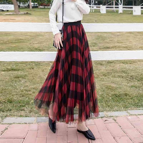 women vintage plaid pattern long tulle mesh casual high elastic waist a-line pleated skirts female 3 layers office skirt 210416, Black
women vintage plaid pattern long tulle mesh casual high elastic waist a-line pleated skirts female 3 layers office skirt 210416, Black