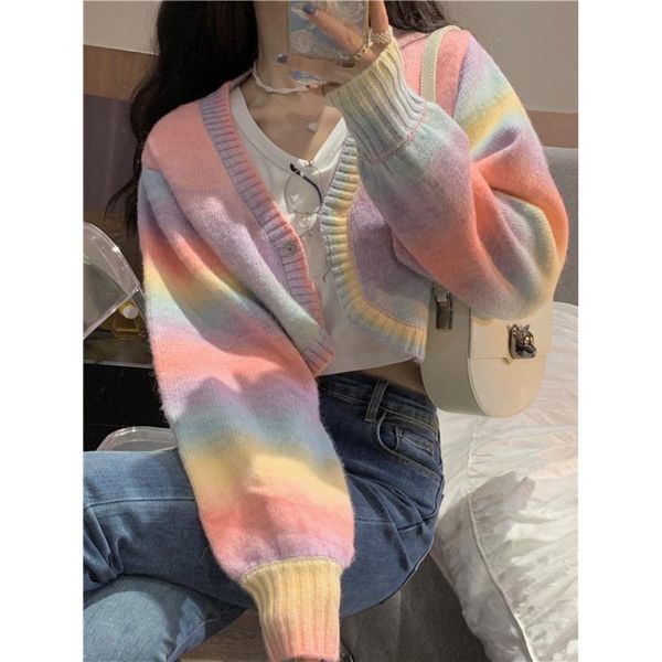 women's knits & tees pull femme gentle retro v neck rainbow sweater knitted coat puff long sleeve crop cardigan autumn outwear japan st, White
women's knits & tees pull femme gentle retro v neck rainbow sweater knitted coat puff long sleeve crop cardigan autumn outwear japan st, White