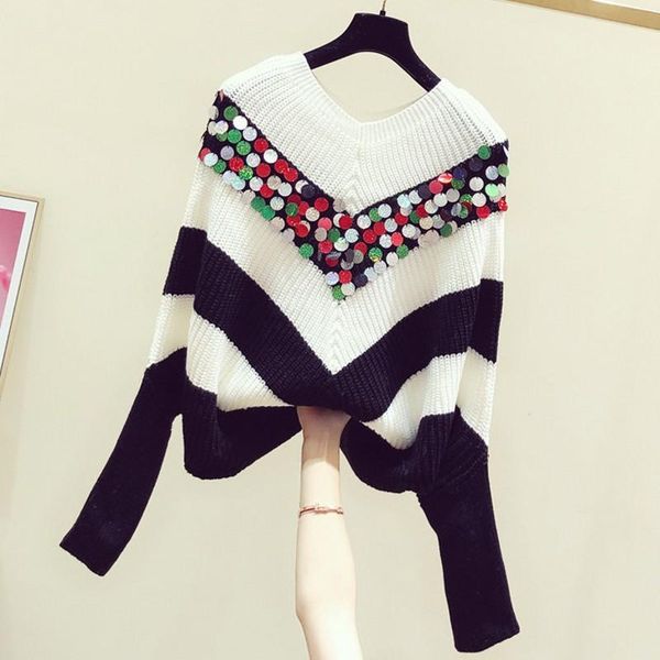 women's sweaters 2021 spring korean style v-neck black and white striped sequined batwing-sleeve sweater loose-fit top, White;black
women's sweaters 2021 spring korean style v-neck black and white striped sequined batwing-sleeve sweater loose-fit top, White;black