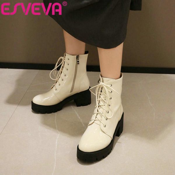 lace up square high heel pu patent leather ankle boots women shoes round toe platform size 34-42, Black
lace up square high heel pu patent leather ankle boots women shoes round toe platform size 34-42, Black