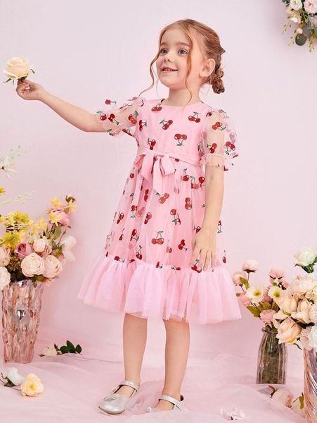 toddler girls cherry print puff sleeve ruffle hem belted mesh dress she, Red;yellow 
toddler girls cherry print puff sleeve ruffle hem belted mesh dress she, Red;yellow