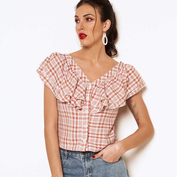women's blouses & shirts summer fashion v-neck cascading ruffled sweet plaid shirt large size outer single woven c4au, White
women's blouses & shirts summer fashion v-neck cascading ruffled sweet plaid shirt large size outer single woven c4au, White