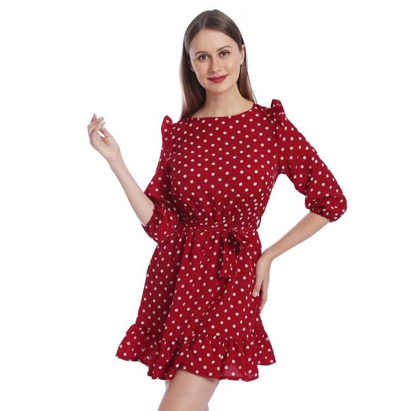 women summer dress fashion ruffle trim sashes 3/4 sleeves round neck dot printed casual ladies sweet cute a line dresses, Black;gray
women summer dress fashion ruffle trim sashes 3/4 sleeves round neck dot printed casual ladies sweet cute a line dresses, Black;gray