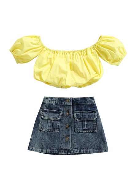 clothing sets 2pcs toddler girls summer clothes, short sleeve off shoulder + button denim skirt set, White
clothing sets 2pcs toddler girls summer clothes, short sleeve off shoulder + button denim skirt set, White
