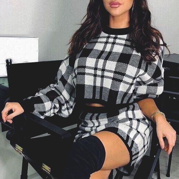womens tracksuit elegant office two piece set plaid sweater outfit long sleeve crop and skirt sets fashion dress set, White;black
womens tracksuit elegant office two piece set plaid sweater outfit long sleeve crop and skirt sets fashion dress set, White;black