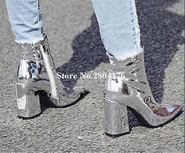boots women pointed toe silver gold patent leather chunky heel short zipper-up mirrow thick ankle booties, Black
boots women pointed toe silver gold patent leather chunky heel short zipper-up mirrow thick ankle booties, Black