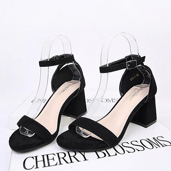 spring and summer thick with suede round head hollow color matching word buckle high heels ladies sandals, Black
spring and summer thick with suede round head hollow color matching word buckle high heels ladies sandals, Black