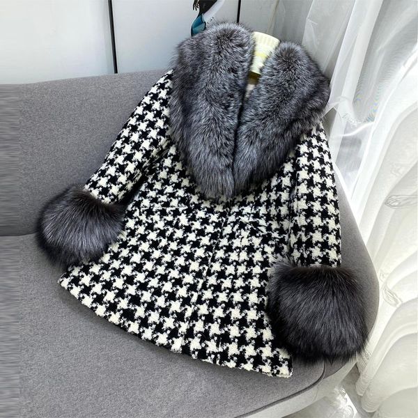 women's fur & faux long women wool blends houndstooth coat with natural cuffs and collar cashmere outerwear ladies streetwear, Black
women's fur & faux long women wool blends houndstooth coat with natural cuffs and collar cashmere outerwear ladies streetwear, Black