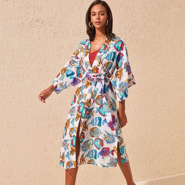 polyester fish pattern print cardigan beach seaside holiday sunscreen bikini blouse swimsuit jacket cover up fashion women's swimwear, White;black
polyester fish pattern print cardigan beach seaside holiday sunscreen bikini blouse swimsuit jacket cover up fashion women's swimwear, White;black