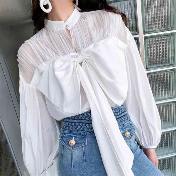 vintage white shirt for women stand collar lantern sleeve lace up bowknot ruched solid blouse female fashion clothing 210531
vintage white shirt for women stand collar lantern sleeve lace up bowknot ruched solid blouse female fashion clothing 210531