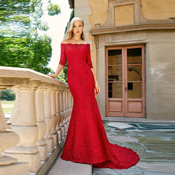 unique charming red mermaid lace bride special occasion evening dresses with off shoulder 3/4 sleeves bateau neck bridal gowns court train 2, Black;red
unique charming red mermaid lace bride special occasion evening dresses with off shoulder 3/4 sleeves bateau neck bridal gowns court train 2, Black;red