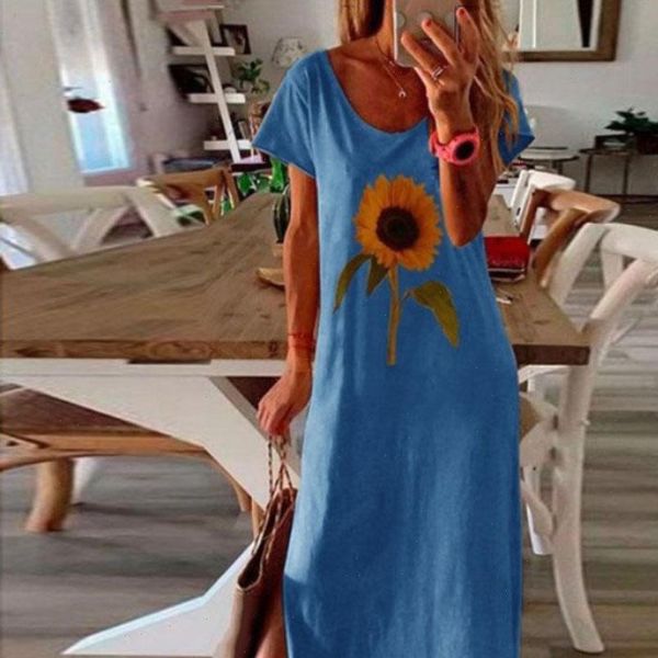 fashion women sunflower floral dress print round neck short sleeve side split loose long, Black;gray