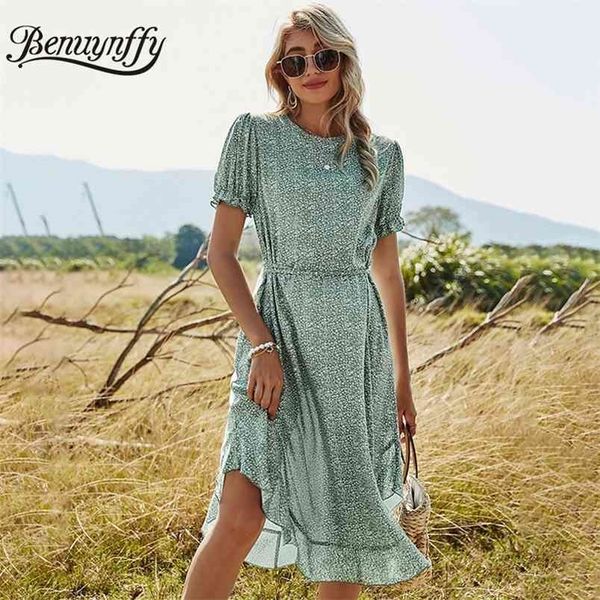 

o-neck short sleeve tie waist floral print casual summer long dresses women's asymmetrical ruffle hem dress 210510, Black;gray