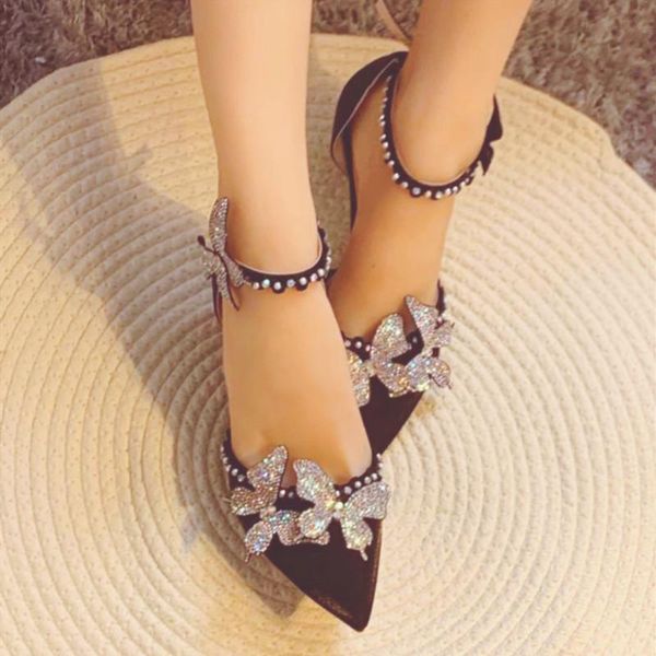 sandals fariy 3d rhinestone butterfly embellished cup heel pearl ankle strap pointed toe summer beauty wedding pumps, Black 
sandals fariy 3d rhinestone butterfly embellished cup heel pearl ankle strap pointed toe summer beauty wedding pumps, Black