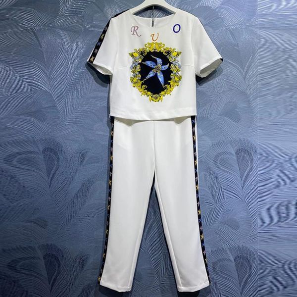 women's two piece pants 2021 summer casual pans set women beading printed short sleeve fashion long pieces, White
women's two piece pants 2021 summer casual pans set women beading printed short sleeve fashion long pieces, White