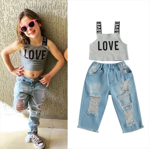 fashion girls clothes sets 2pcs 1 6y love letter strap sleeveless vest denim hole long pants summer outfits, White
fashion girls clothes sets 2pcs 1 6y love letter strap sleeveless vest denim hole long pants summer outfits, White
