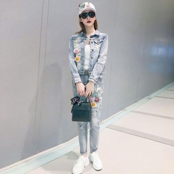 two piece dress light blue denim jacket + jeans set women's spring autumn personality outfit pants students sets, White
two piece dress light blue denim jacket + jeans set women's spring autumn personality outfit pants students sets, White