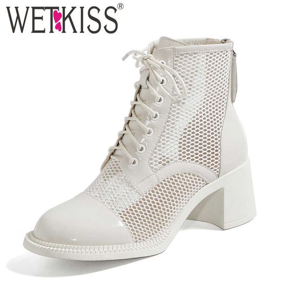 wetkiss round toe ladies ankle boots summer mesh patent leather cross tied women booties square high heels boots shoes woman 210630, Black 
wetkiss round toe ladies ankle boots summer mesh patent leather cross tied women booties square high heels boots shoes woman 210630, Black