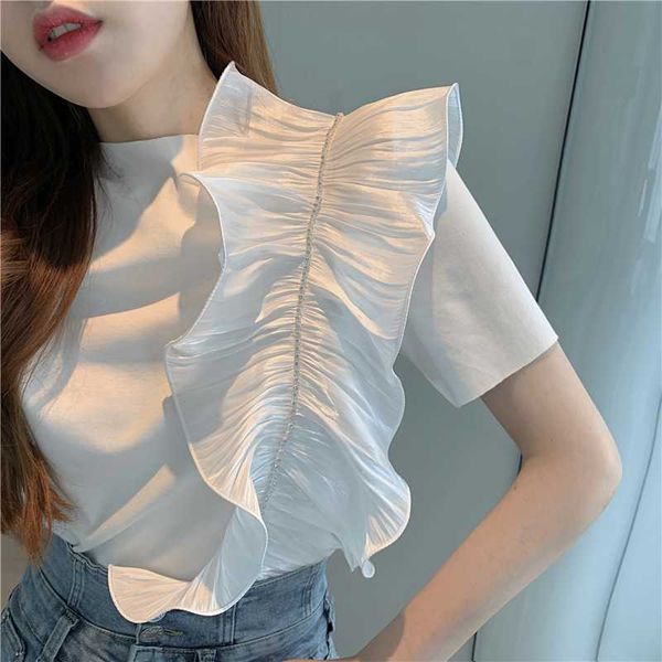 women's t-shirt summer 2021 design sense ruffled short sleeves korean-style retro personality loose slimming fashion, White
women's t-shirt summer 2021 design sense ruffled short sleeves korean-style retro personality loose slimming fashion, White