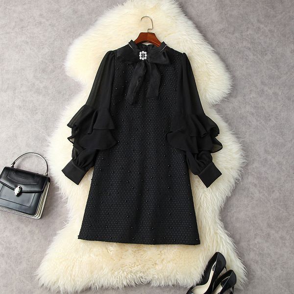 european and american women's clothing winter 2022 new long sleeve lantern sleeve bow spliced tweed fashion dress, Black;gray
european and american women's clothing winter 2022 new long sleeve lantern sleeve bow spliced tweed fashion dress, Black;gray