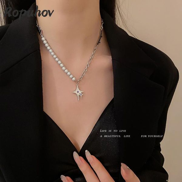 chains ropuhov 2021 korean trendy titanium steel pearl studded four-star letter necklace for women's simple tidal women, Silver
chains ropuhov 2021 korean trendy titanium steel pearl studded four-star letter necklace for women's simple tidal women, Silver