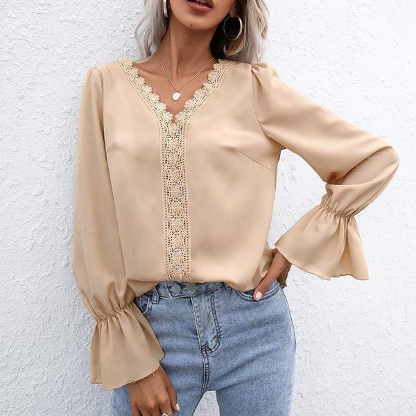 women's blouses & shirts fashsiualy loose blouse fashion lace long sleeve casual vintage v-neck solid color clothes for women femininas, White
women's blouses & shirts fashsiualy loose blouse fashion lace long sleeve casual vintage v-neck solid color clothes for women femininas, White