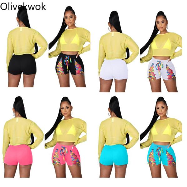 women's shorts olivekwok summer women colorful drawstring lace up for beachwear hollow out, White;black
women's shorts olivekwok summer women colorful drawstring lace up for beachwear hollow out, White;black