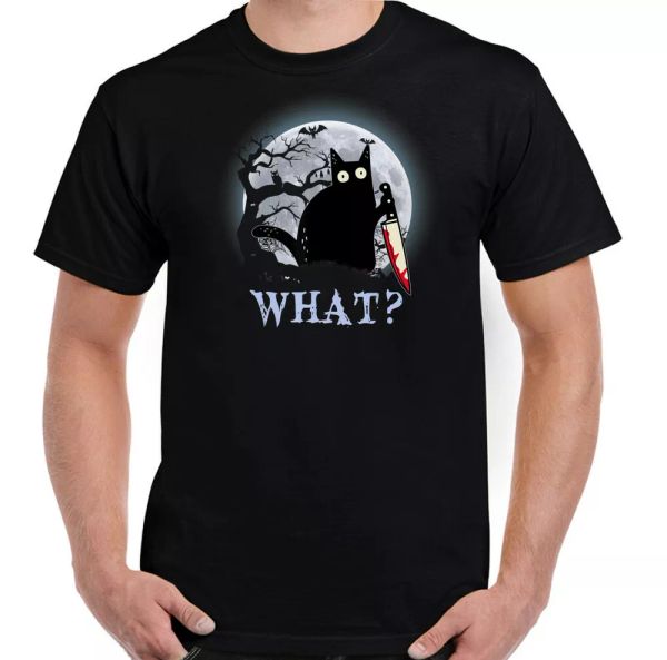 cat what t-shirt, halloween mens witch black horror murderous funny top, White;black
cat what t-shirt, halloween mens witch black horror murderous funny top, White;black