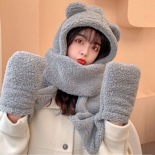 three-piece hooded winter for girls thick and warm cute bear hat women's earflap scarf gloves one outdoor hats, Black;white
three-piece hooded winter for girls thick and warm cute bear hat women's earflap scarf gloves one outdoor hats, Black;white