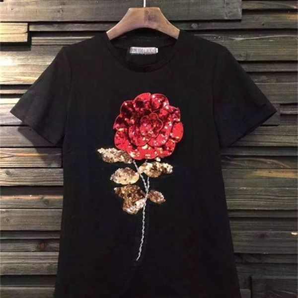 women's t-shirt lady summer women sequin shirt cotton female rose flower fashion top, White
women's t-shirt lady summer women sequin shirt cotton female rose flower fashion top, White