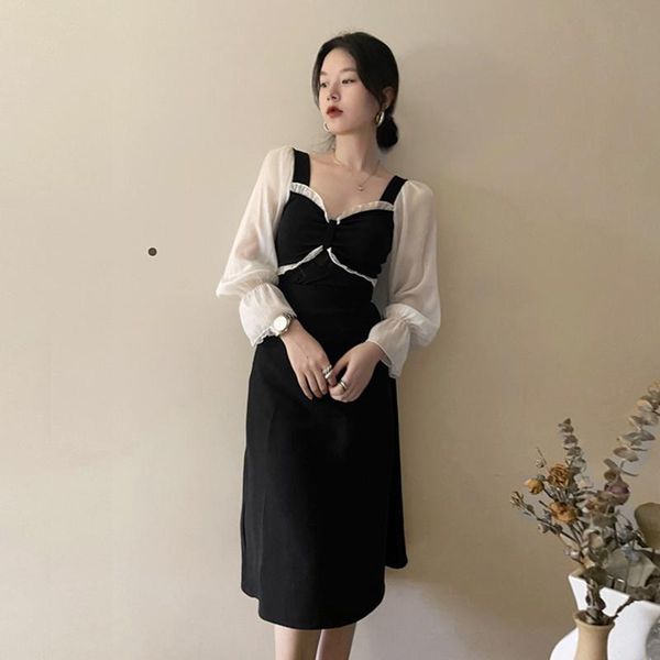 casual dresses black long sleeve dress women's spring and autumn 2021 french retro design sense of minority temperament, Black;gray 
casual dresses black long sleeve dress women's spring and autumn 2021 french retro design sense of minority temperament, Black;gray