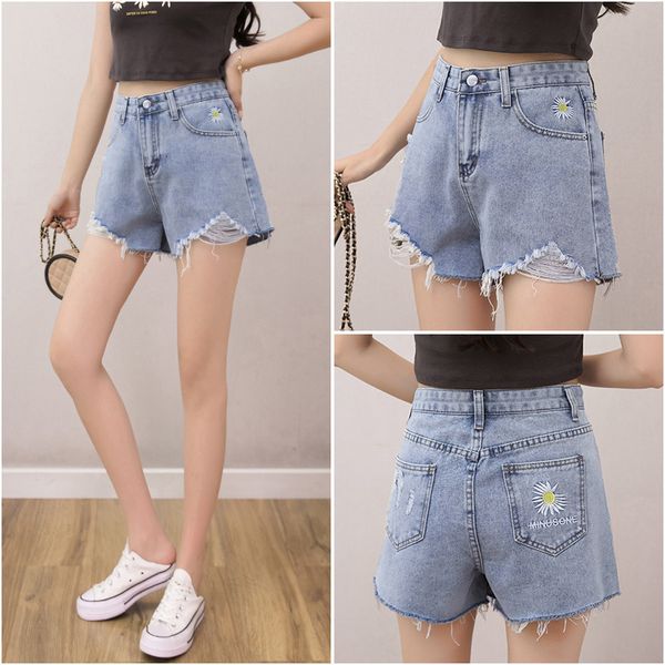 women's shorts summer 2021 new embroidery daisy loose korean student high waist denim, White;black
women's shorts summer 2021 new embroidery daisy loose korean student high waist denim, White;black