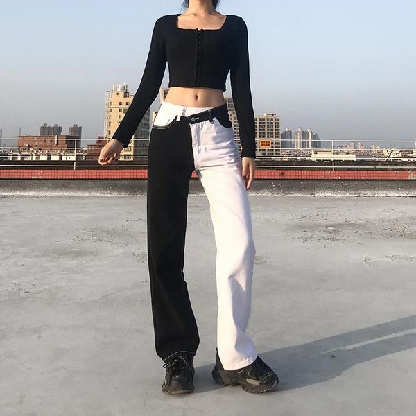 women's pants & capris black white spliced straight women jeans casual mid waist button wide leg trousers with pockets lady color block
women's pants & capris black white spliced straight women jeans casual mid waist button wide leg trousers with pockets lady color block