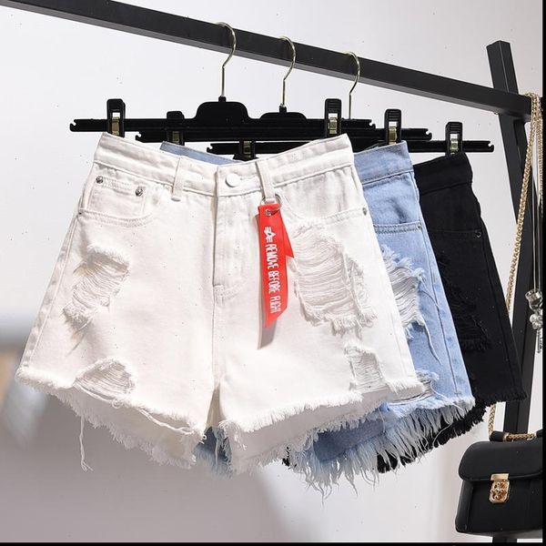 high womens shorts waist denim female summer loose holes large size fashion button jeans leisure hole, White;black
high womens shorts waist denim female summer loose holes large size fashion button jeans leisure hole, White;black