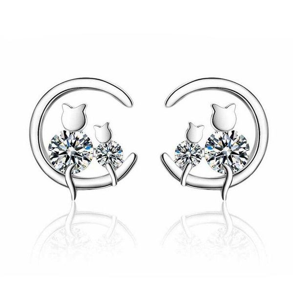 trendy 925 sterling silver clear zircon cute cat stud earrings for girls women sweet gift earring korea jewelry, Golden;silver