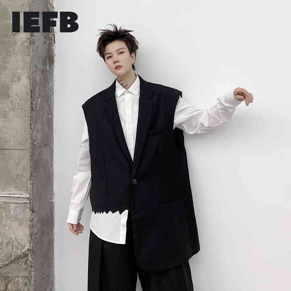 iefb men's spring black vest laser cut asymmetric hem sleeveless design waistcoat single button notched collar 9y5303 210524, Black;white
iefb men's spring black vest laser cut asymmetric hem sleeveless design waistcoat single button notched collar 9y5303 210524, Black;white