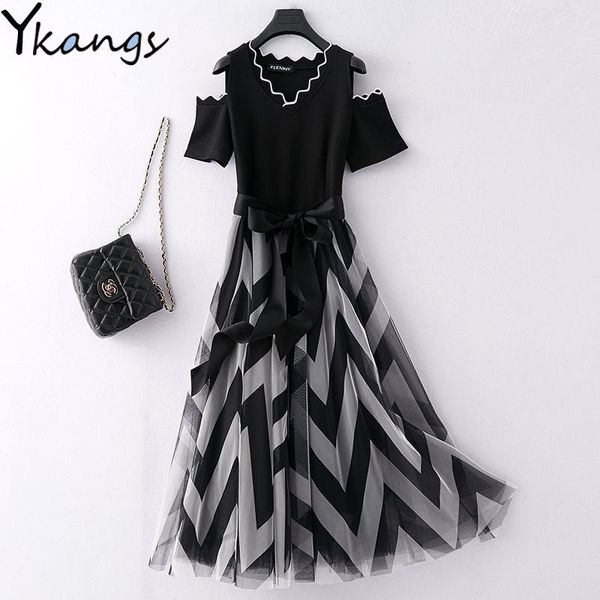 women plus size mesh black long dress elegant off shoulder summer dress striped waves casual office ladies wear party club 210412, Black;gray
women plus size mesh black long dress elegant off shoulder summer dress striped waves casual office ladies wear party club 210412, Black;gray