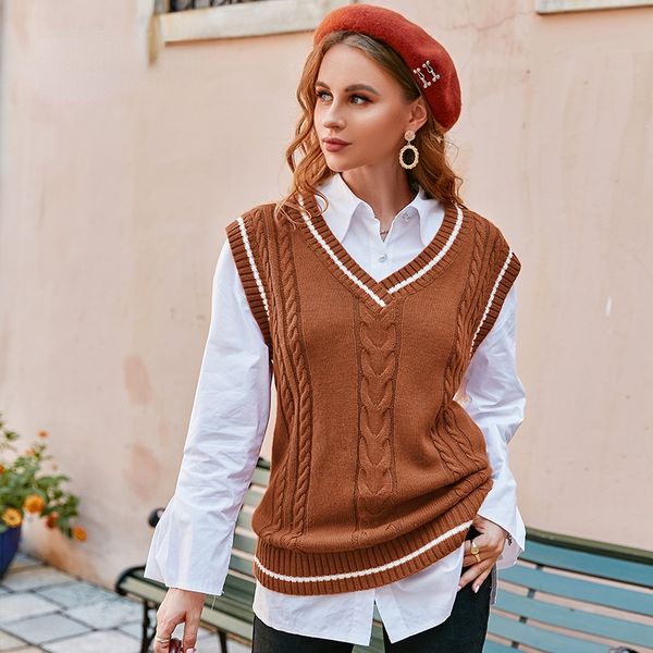 color block v-neck school women vest brown casual sweater vests for girls autumn vintage sleeveless fashion pullovers, White;black
color block v-neck school women vest brown casual sweater vests for girls autumn vintage sleeveless fashion pullovers, White;black