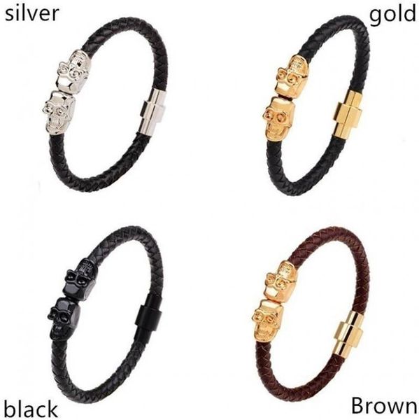 link, chain braided leather magnetic buckle wristband double skull bracelet for men's punk jewelry gifts, Black
link, chain braided leather magnetic buckle wristband double skull bracelet for men's punk jewelry gifts, Black