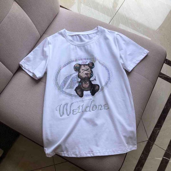 women's t-shirt 2021 of women will see short sleeves cotton printed flower embroidered bear diamond shirt, White
women's t-shirt 2021 of women will see short sleeves cotton printed flower embroidered bear diamond shirt, White