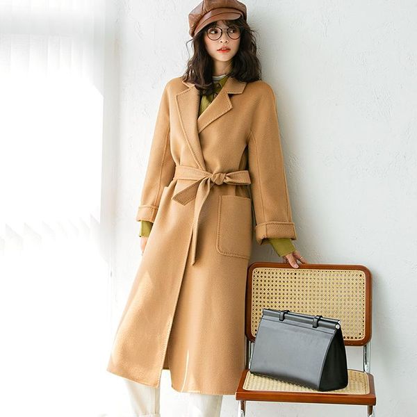 women's wool & blends xiuye 2021 winter korean version 100% australian lapel lace up water wave double faced tweed long overcoat for wo, Black
women's wool & blends xiuye 2021 winter korean version 100% australian lapel lace up water wave double faced tweed long overcoat for wo, Black